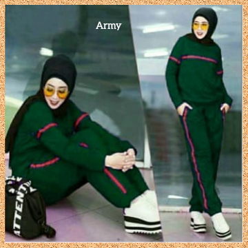 baju muslim olahraga wanita set jumbo atasan+celana senam zumba army
