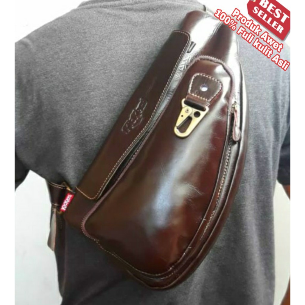 Waist Bag Terbaru Buat Pria Keren Kickers Full Kulit Asli Sapi , Tas Dada Punggung Awet TA01W Brown 