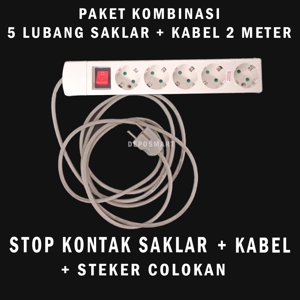 PAKET OLORAN - STOP KONTAK 5 LUBANG + SAKLAR - KABEL 2 METER - STEKER