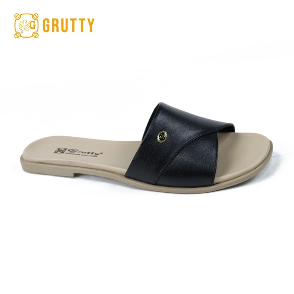 Sandal Wanita Flat Kulit Asli Slide Sandal Teplek Grutty DD120 Hitam