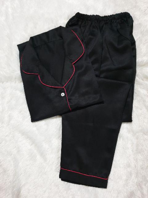 Baju Tidur Piyama Pajamas Wanita/Cewek Satin Silky Velvet Cantik Simple Wanita Dewasa Full Kancing-CP HITAM