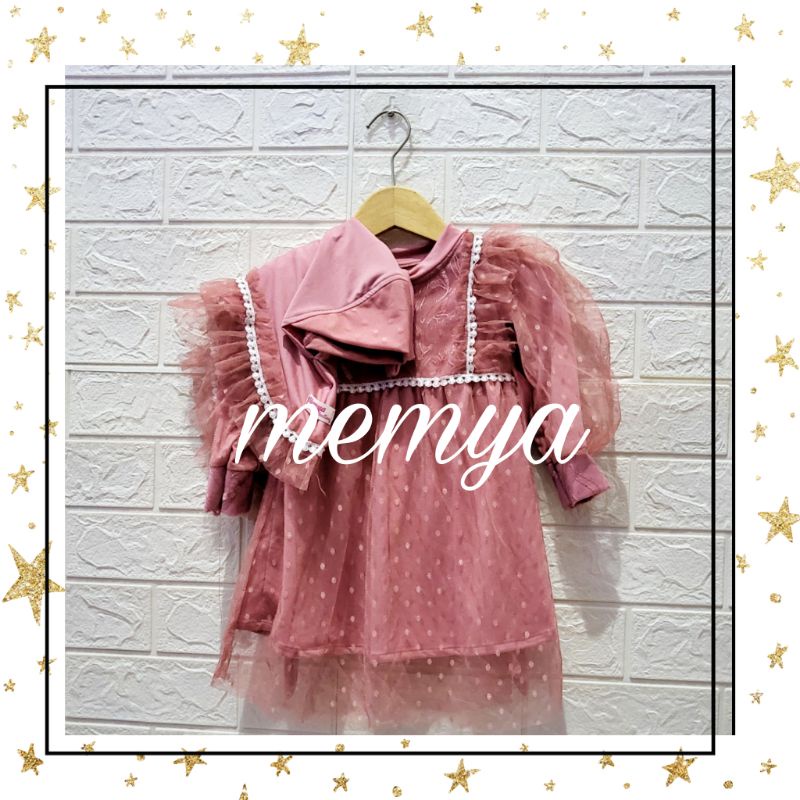 Baju Gamis busana muslim aqiqah polkadot tile dot tulle polka brokat brukat anak bayi baby perempuan newborn set hijab-Pink
