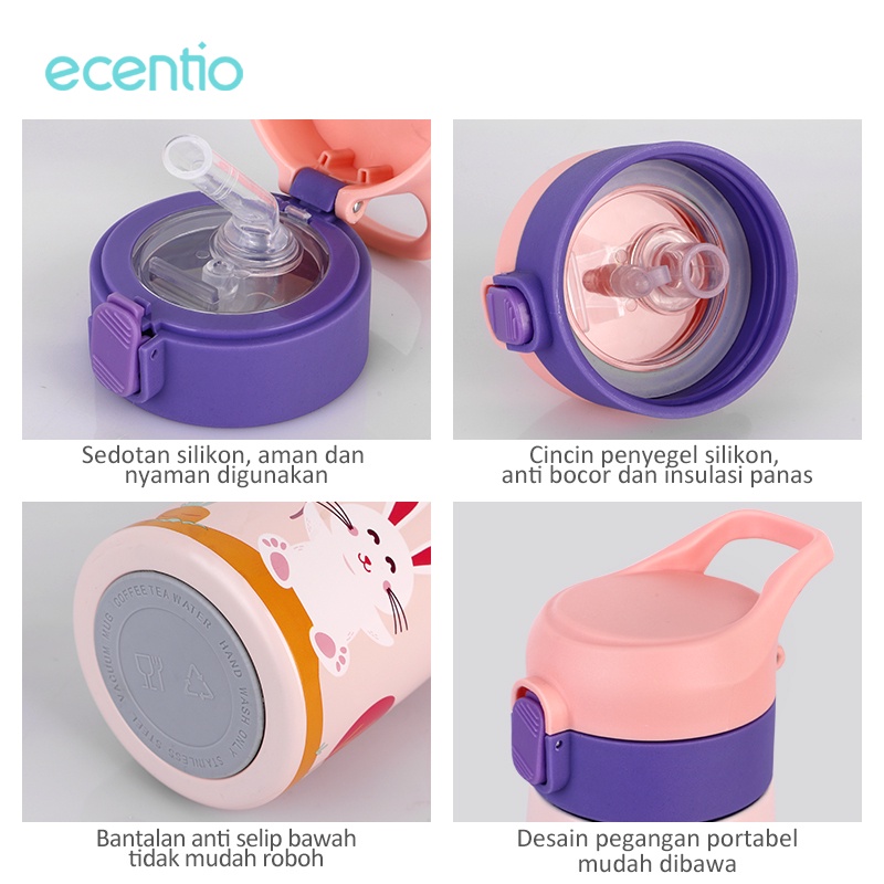 ecentio &amp; FOODI termos air panas mini botol minum anak sedotan 304 stainless steel 400ml dan tas bekal makanan/termos mini 400ml kids