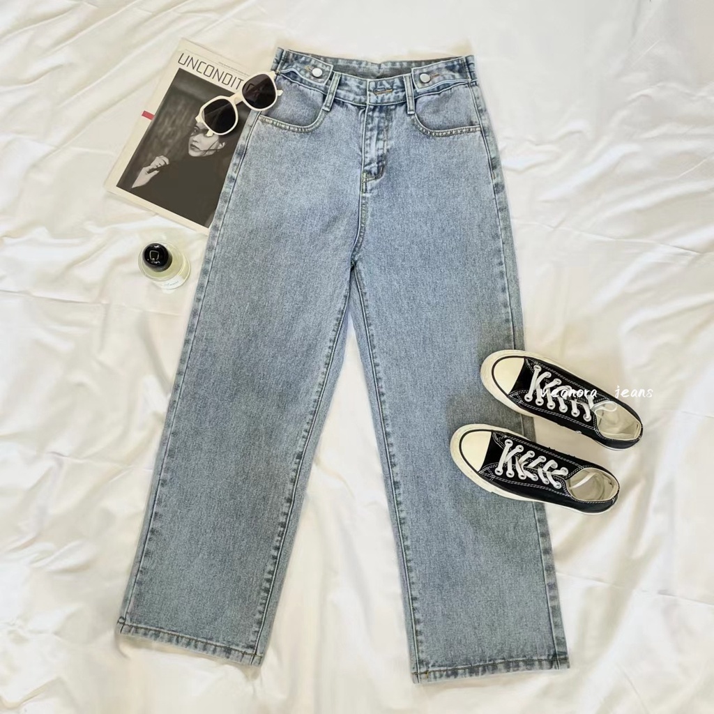 Korean Style Highwaist Straight Loose Kulot Jeans Yang Dapat Disesuaikan Bagy Boyfriend Celana Panjang Jeans Wanita