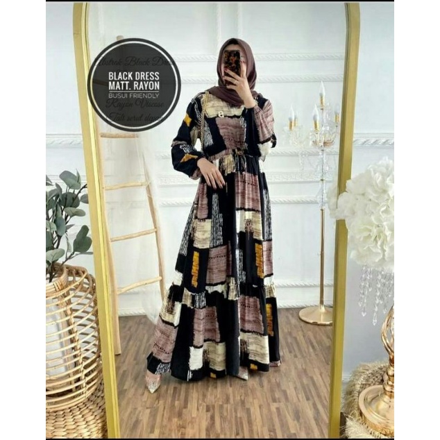 BLACK DRESS RAYON | GAMIS BUSUI MOTIF ABSTRAK KORAN HITAM | MAXI
