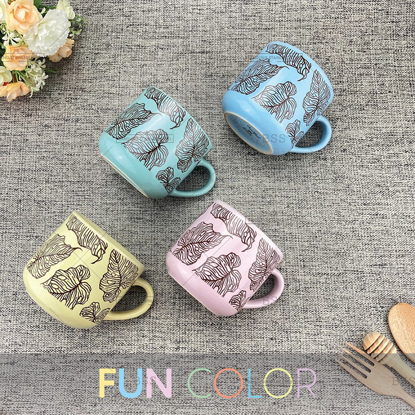 Gelas Mug 300ml Keramik Warna Pegangan Motif Daun Cantik Murah Tebal Tahan Panas