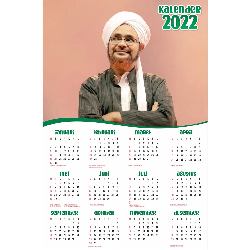 Kalender 2022 CUSTOM Habib - Kalender Habaib - Kalender Ulama - Kalender Dinding Custom Kartun - Kalender Dinding 2022 - Kalender 1 Lembar 12 Bulan - Kalender A3+