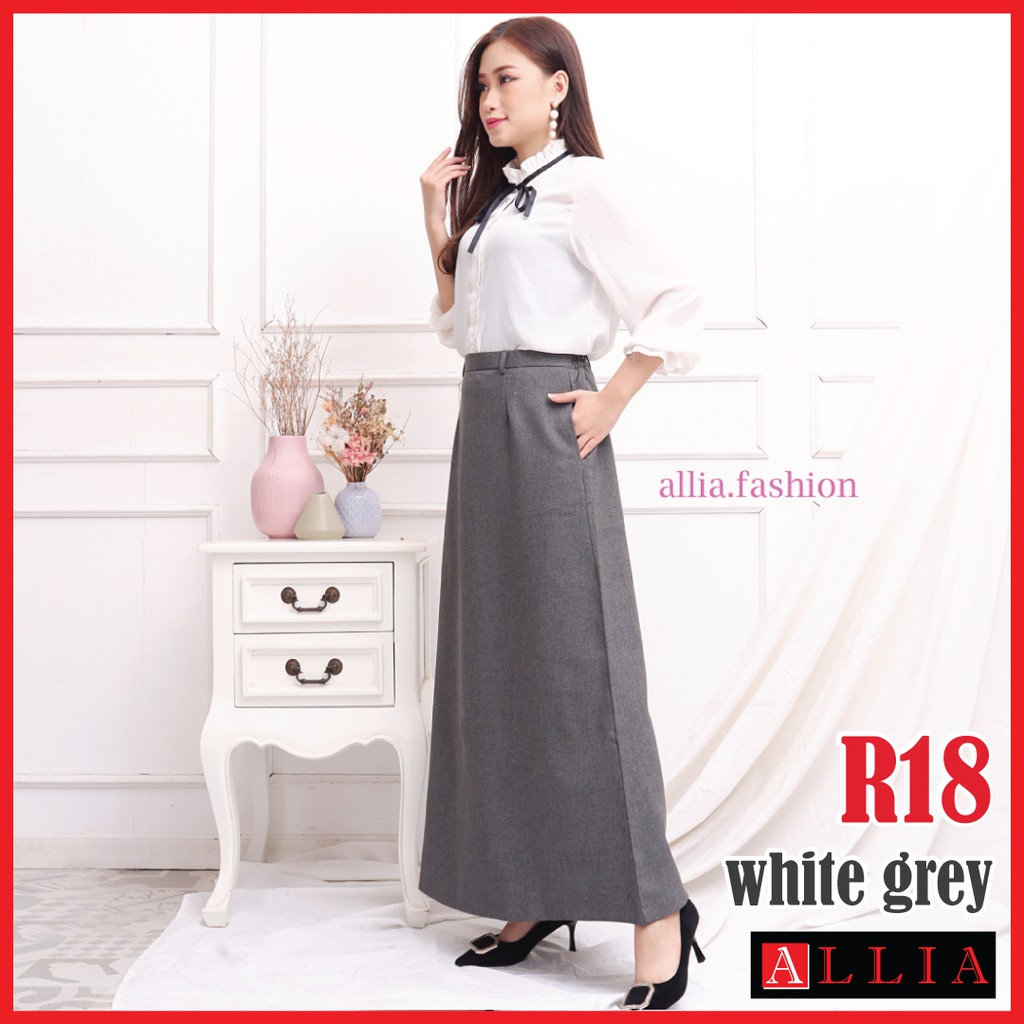 ALLIA R18 - White Grey - Rok A Line Wanita - Rok kerja wanita - Rok Payung - rok premium wanita