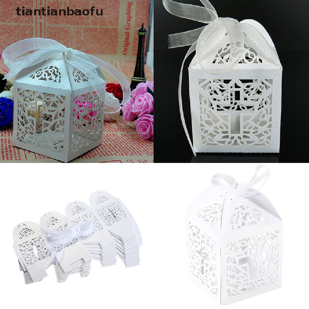 [tiantianbaofu] 10/50/100pcs Wedding Party Favor Cross Paper Candy Gift Boxes With Ribbon Boutique