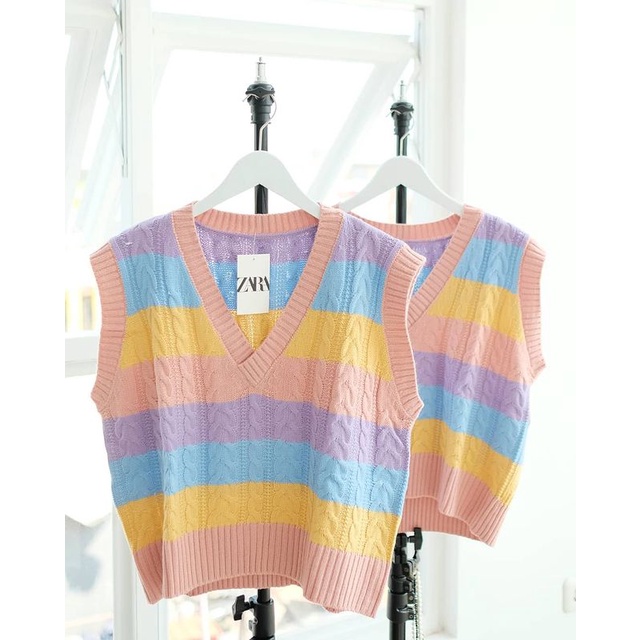 Candy Vest Rompi Rajut Wanita Korean Style Jumbo Murah Bahan Rajut Premium Motif Cable Timbul Salur Rainbow