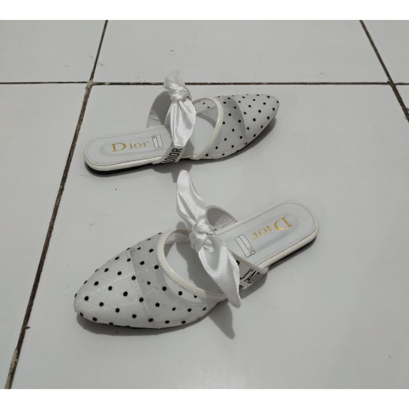 Best Seller.. Lengkap Ukuran Dewasa &amp; Anak2 Jdr Swiss Dotted Mid Ribbon Woman Flat Shoes SDMR