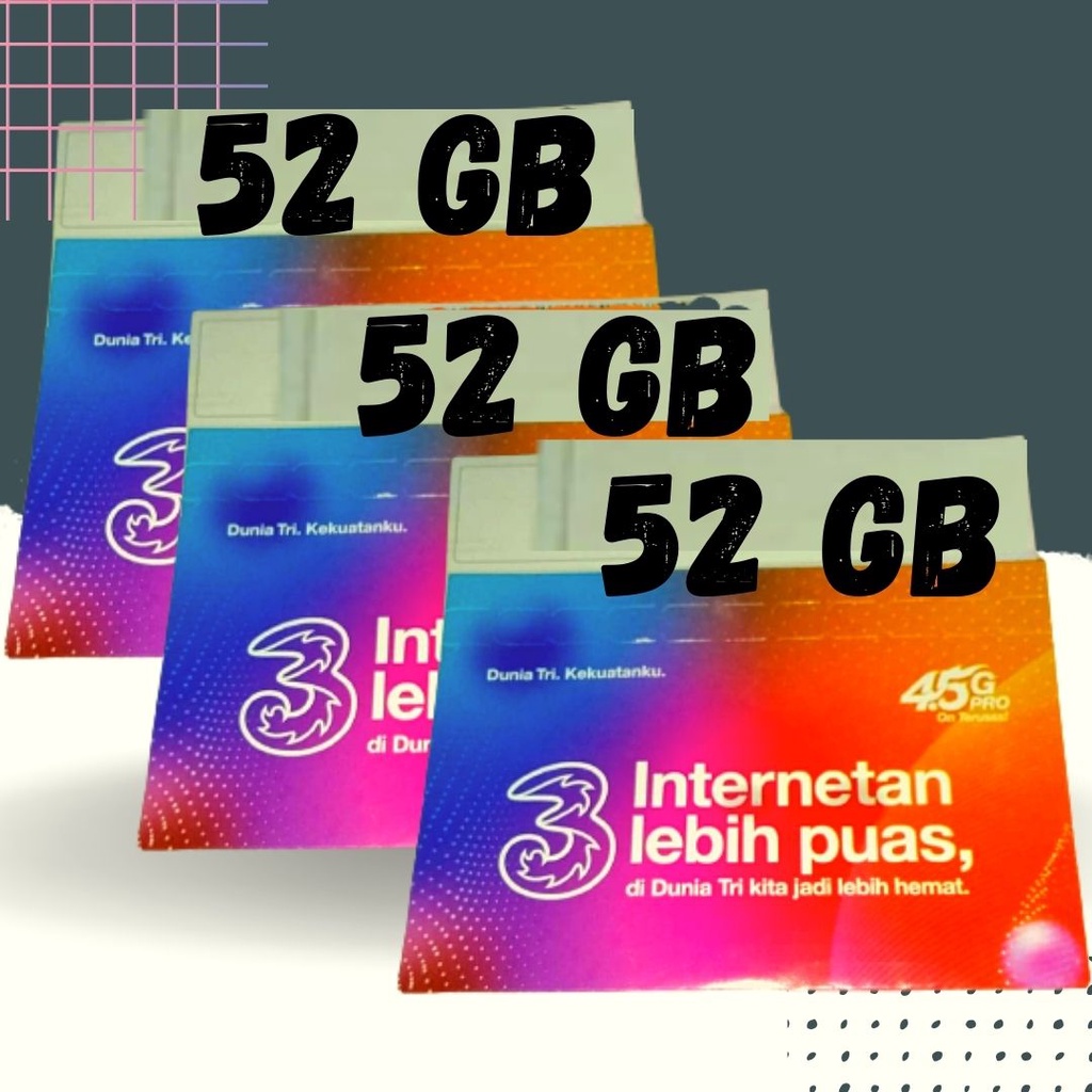 PERDANA THREE (3) 52 GB FULL TERBARU NEW TERMURAH TERKINI KARTU TRI PAKET DATA 52 GIGA HP52L DUA