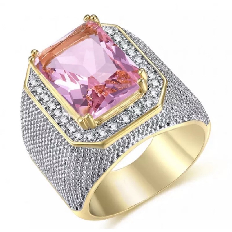 Cincin Pria Mewah Batu Pink Saphire Safir Merah Muda Gold Platted