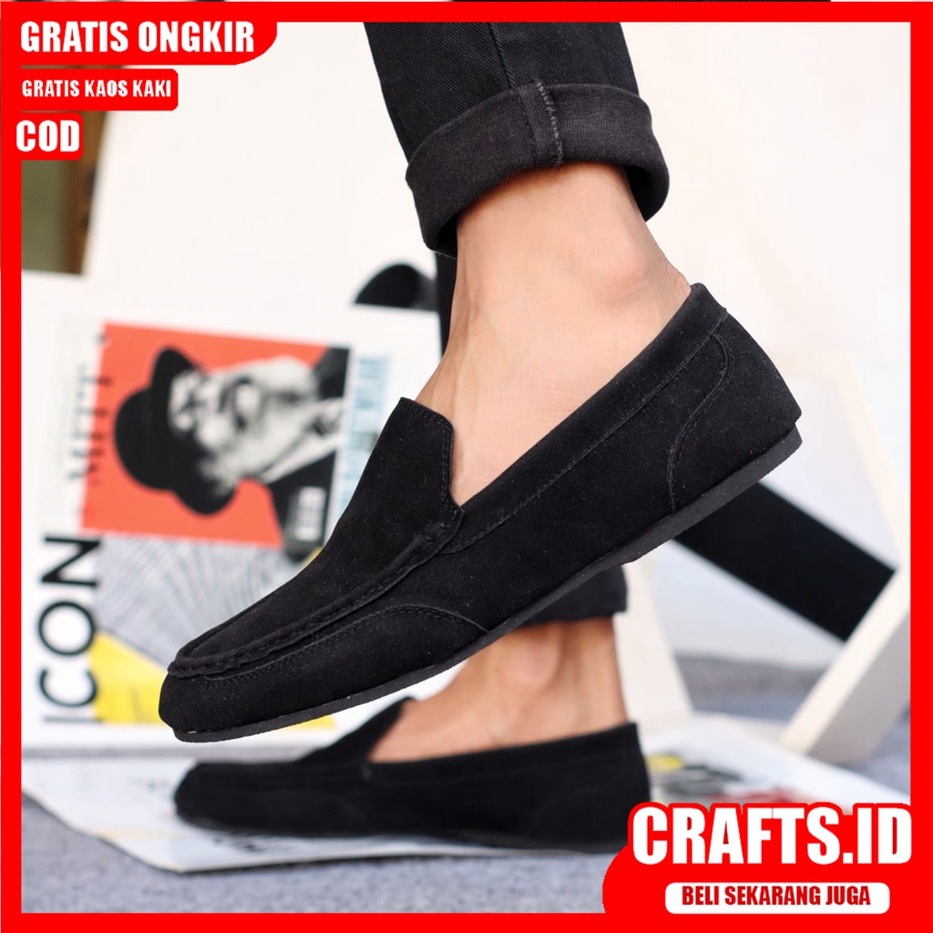 CRAFTS X MOODMAX Sepatu Slip On Pria Sepatu Casual Pria Slip Slop Kulit Suede AntiSlip Cowok/Cowo Original Sepatu Kasual Kerja Kantor Kondangan Gaya Santai Keren Kekinian Murah Terlaris
