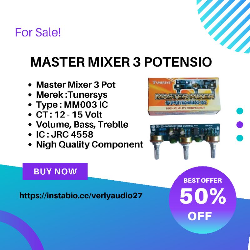 Kit Master Mixer 3 Potensio Tunersys Master 3 Pot Volume Bass Treblle IC JRC 4558 Tone Control Mono