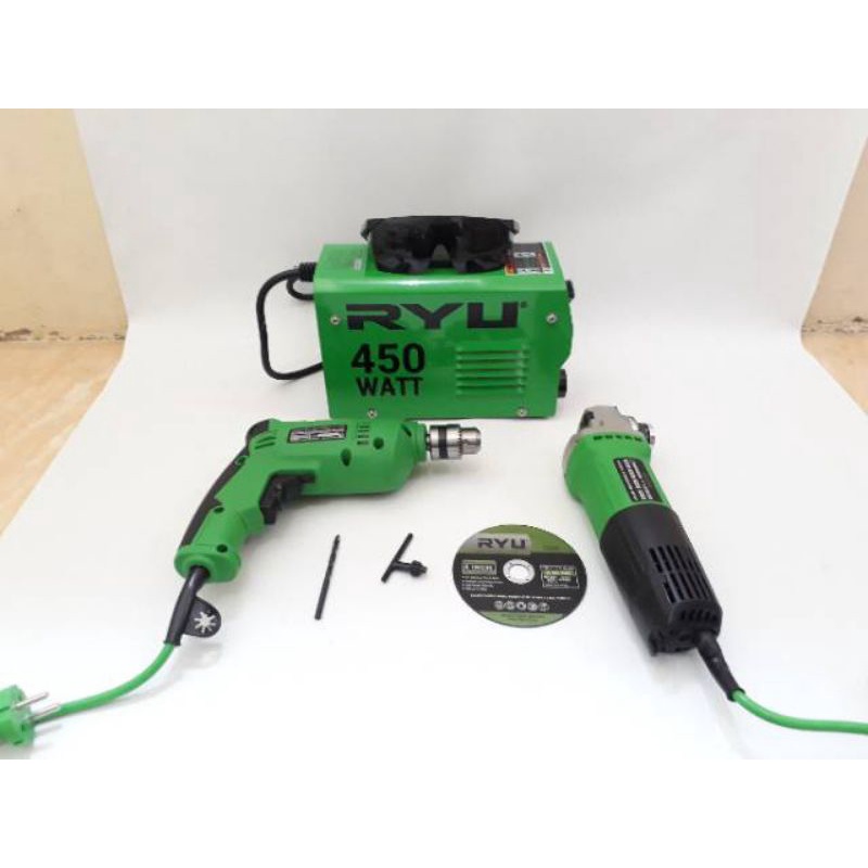 PAKET HEMAT TIGA ITEM MESIN LAS 450 WATT RYU 120A TRAFO LAS + MESIN GERINDA RYU + MESIN BOR RYU