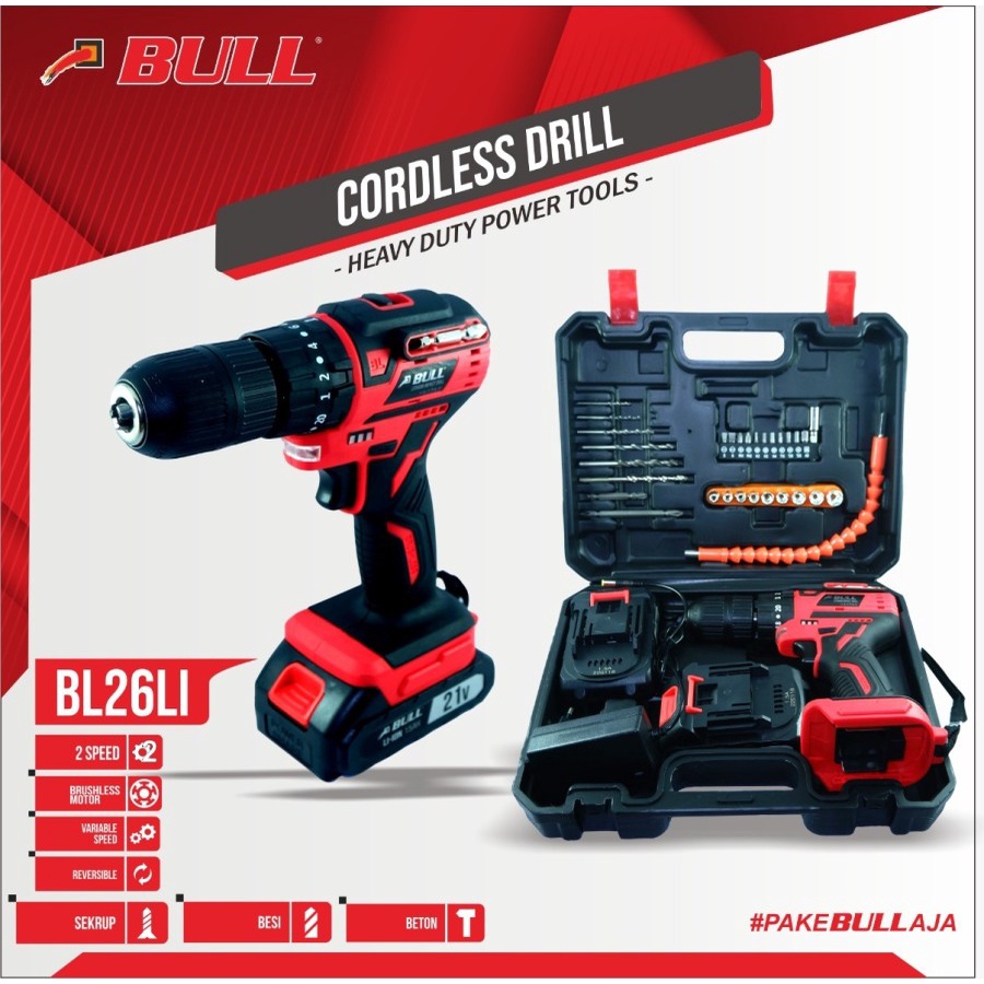 Bor Cordless Impact 13mm 21V - Bor Baterai Beton BRUSHLESS BULL BL26LI