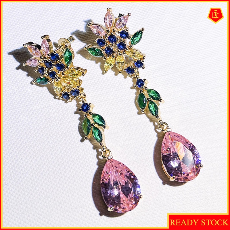 [Ready Stock]Pink Crystal Flower Long Earrings Colored Gems