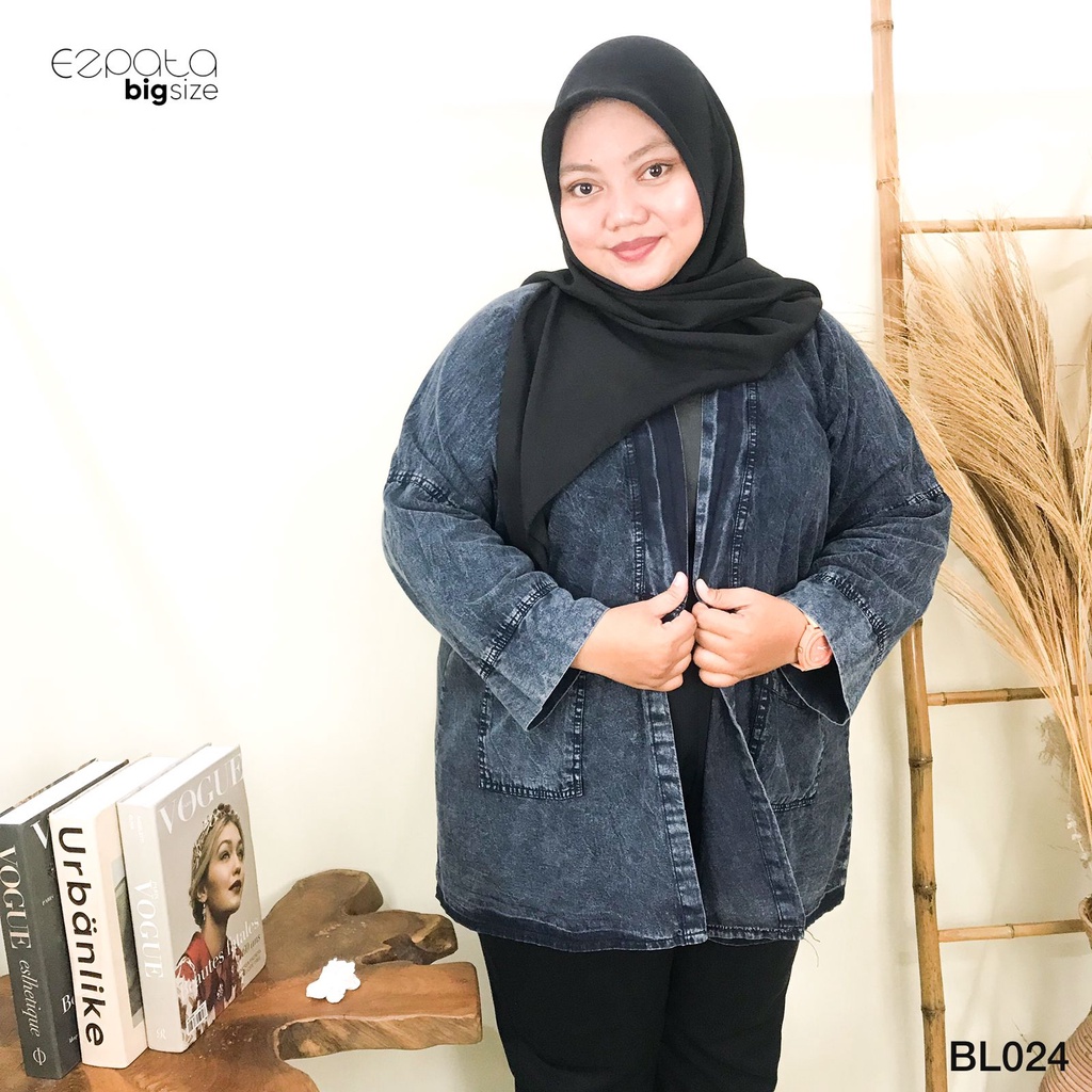 Ezpata Cardigan Jeans Denim Wanita Bigsize Jumbo Polos LD 120cm Termurah Berkualitas