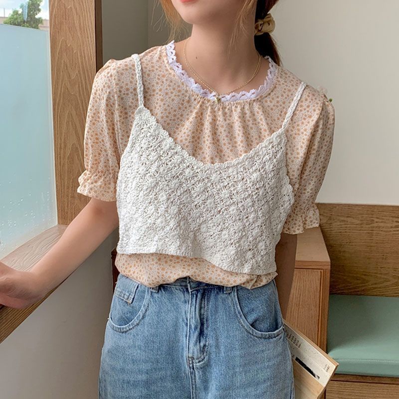 【BISA COD】Korean One Set Blouse & Crochet Vest Setelan chiffon sifon wanita korea import crochet top