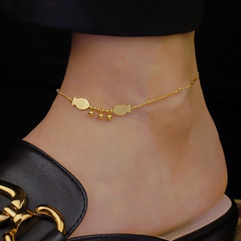 Gelang Kaki Titanium Anti Karat Ikan Ciuman Lucu Emas 18k Aksesoris Wanita Korea