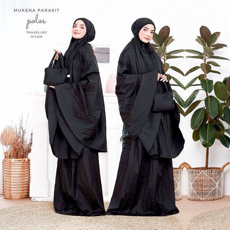 Mukena Dewasa Bahan Parasit Polos Traveling Parasut Hitam Black