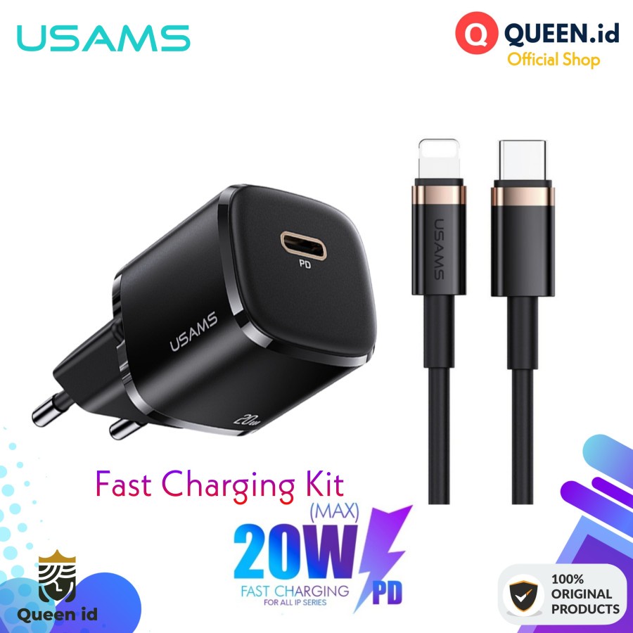 Usams T36 U63 Charger Kit 20W PD iPhone 8Pin Type C Lightning Fast Charging SuperSi