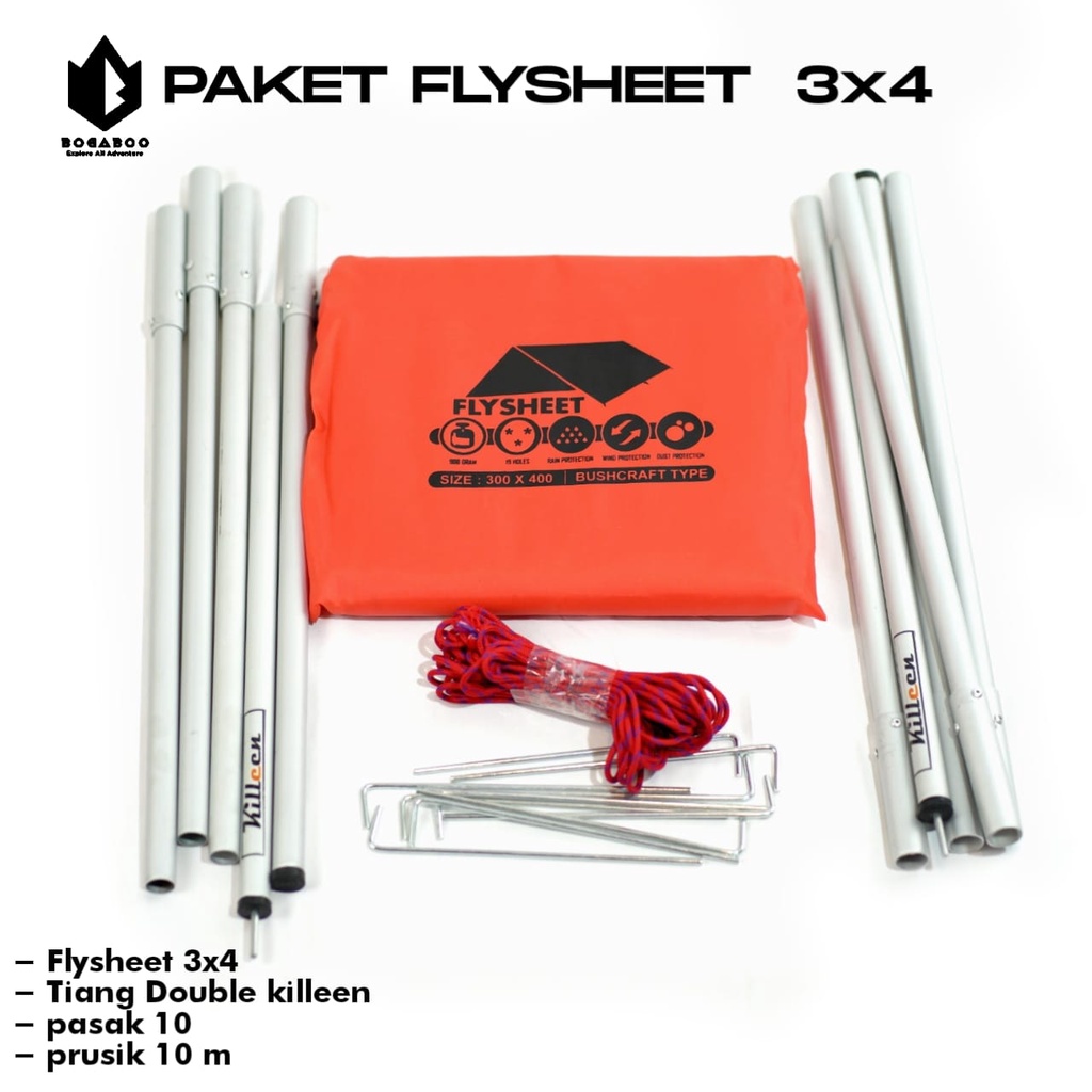 BISA (COD) PAKET Tiang Double Killeen + Flysheet 3X4 + Tali Perusik 10 M + Pasak 10Pcs