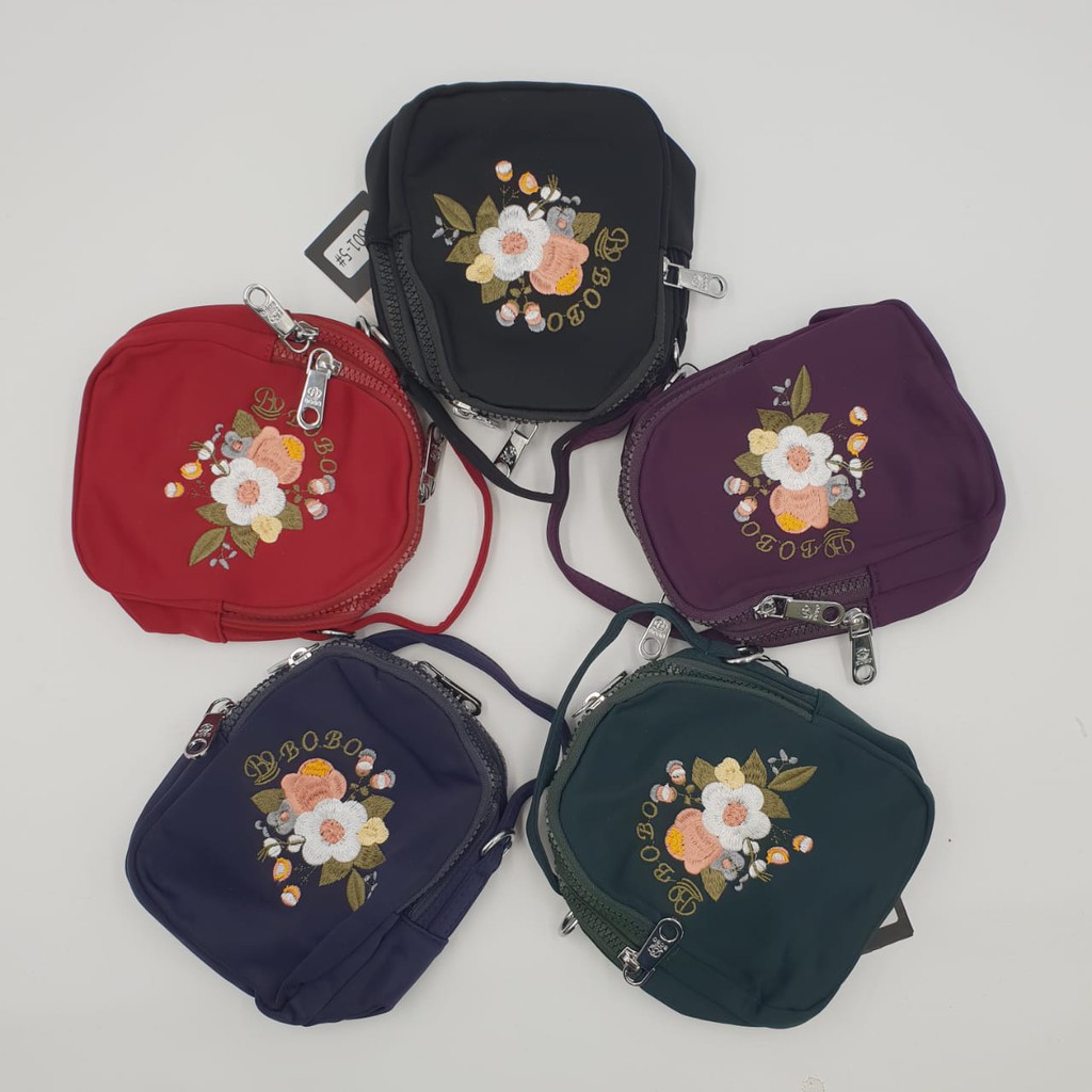 Tas Wanita BOBO 7601-5 2In1 Selempang dan Jinjing/ Tas Bordir Bunga Import / Selempang Parasut Super