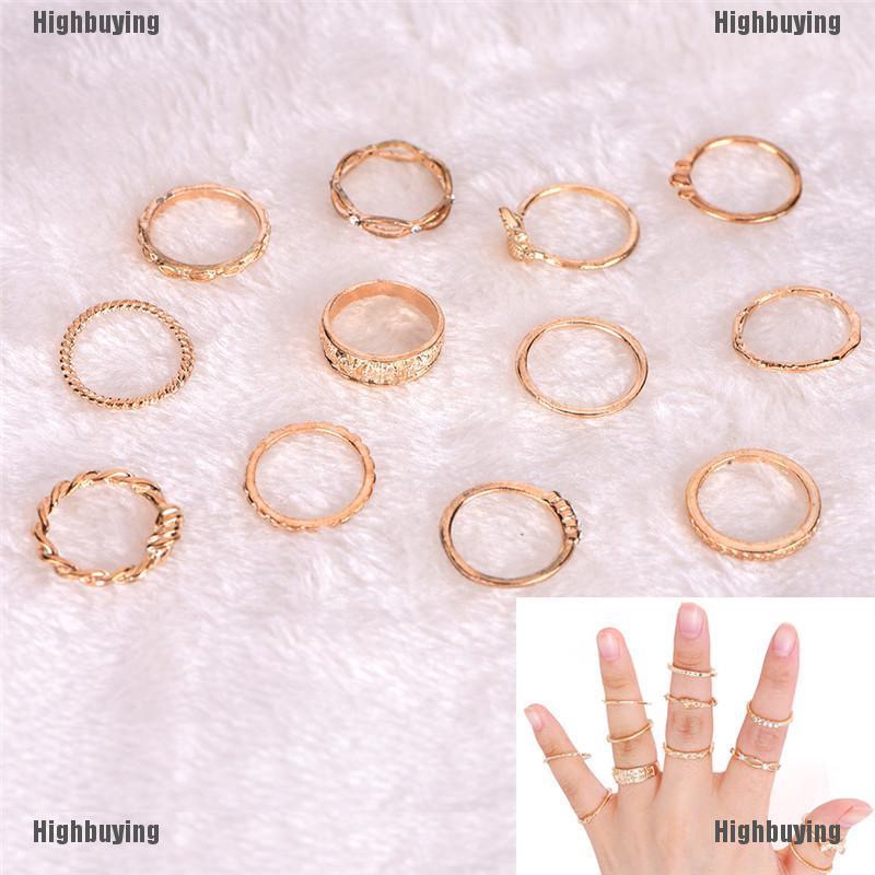 Hbid 12pcs Cincin Buku Jari Aneka Bentuk Warna Gold Gaya Vintage Punk Untuk Wanita