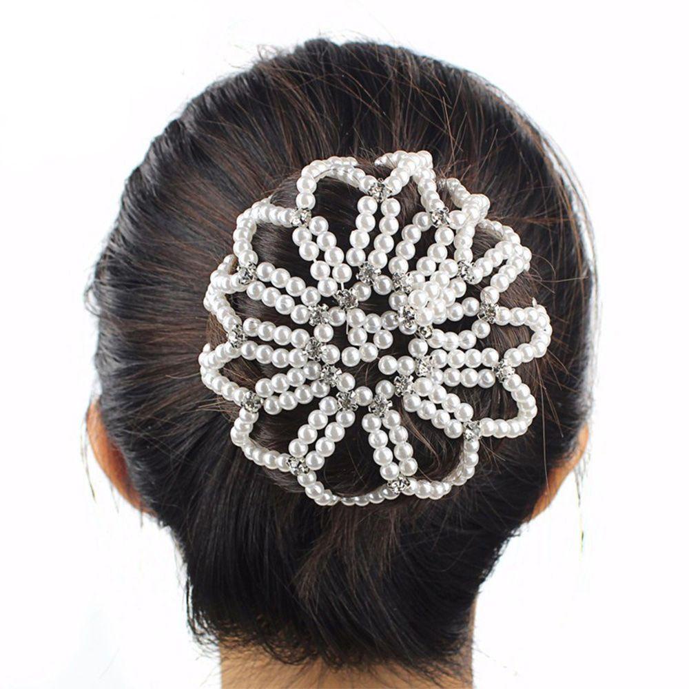 Rebuy Mutiara Jaring Rambut Wanita Fashion Crochet Balle Dancing Snood Handmade Hair Bun