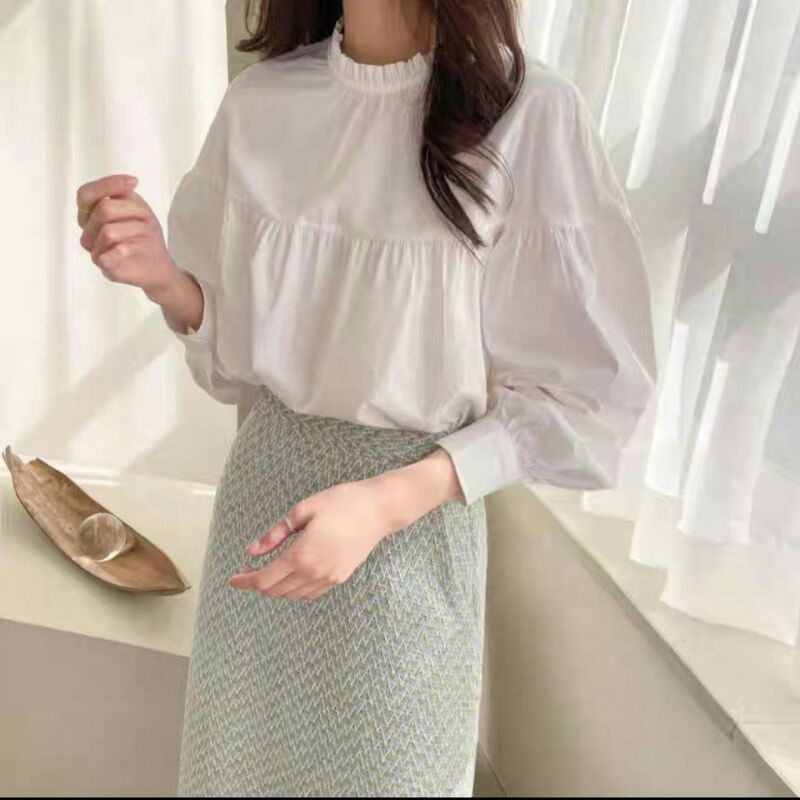 8688 Baju atasan blouse top babydoll puff lengan balon cewek baju blouse kerja putih wanita import