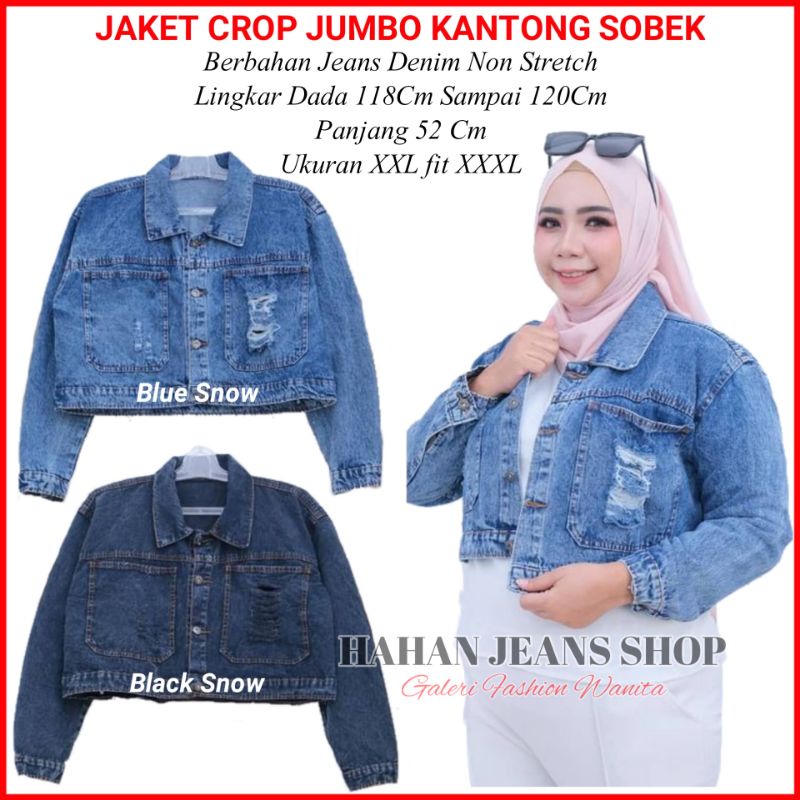 Jacket Denim Crop Wanita Jumbo Ld 120 Bahan Jeans Non Stretch Model Sobek Jaket Jins Snow Cewek Rema