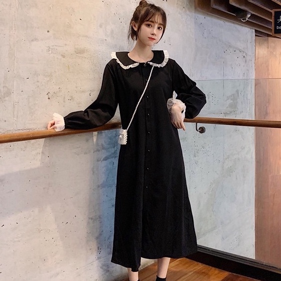 yikoo-Gaun panjang dress kerah boneka hitam gaya korea wanita dres