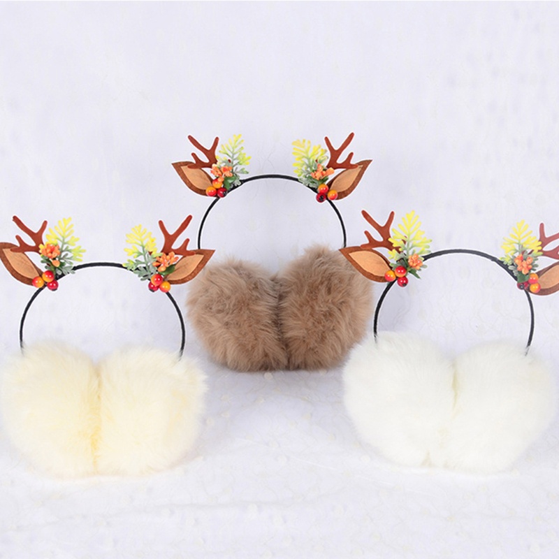 Earmuffs Penghangat Telinga Desain Tanduk Rusa Natal Bahan Fleece Untuk Anak