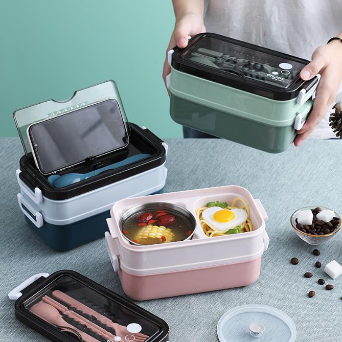 Kotak Makan Double layer Tempat Bekal Makan 2 susun Set Sendok Lunch Box Set BPA Free Bento Box