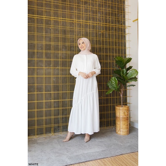 MIDI DRESS GAMIS MUSLIM FASHION HIJABERS FASHION MUSLIM TERTUTUP - PENNY CRINKLE DRESS - WHITE LONG 