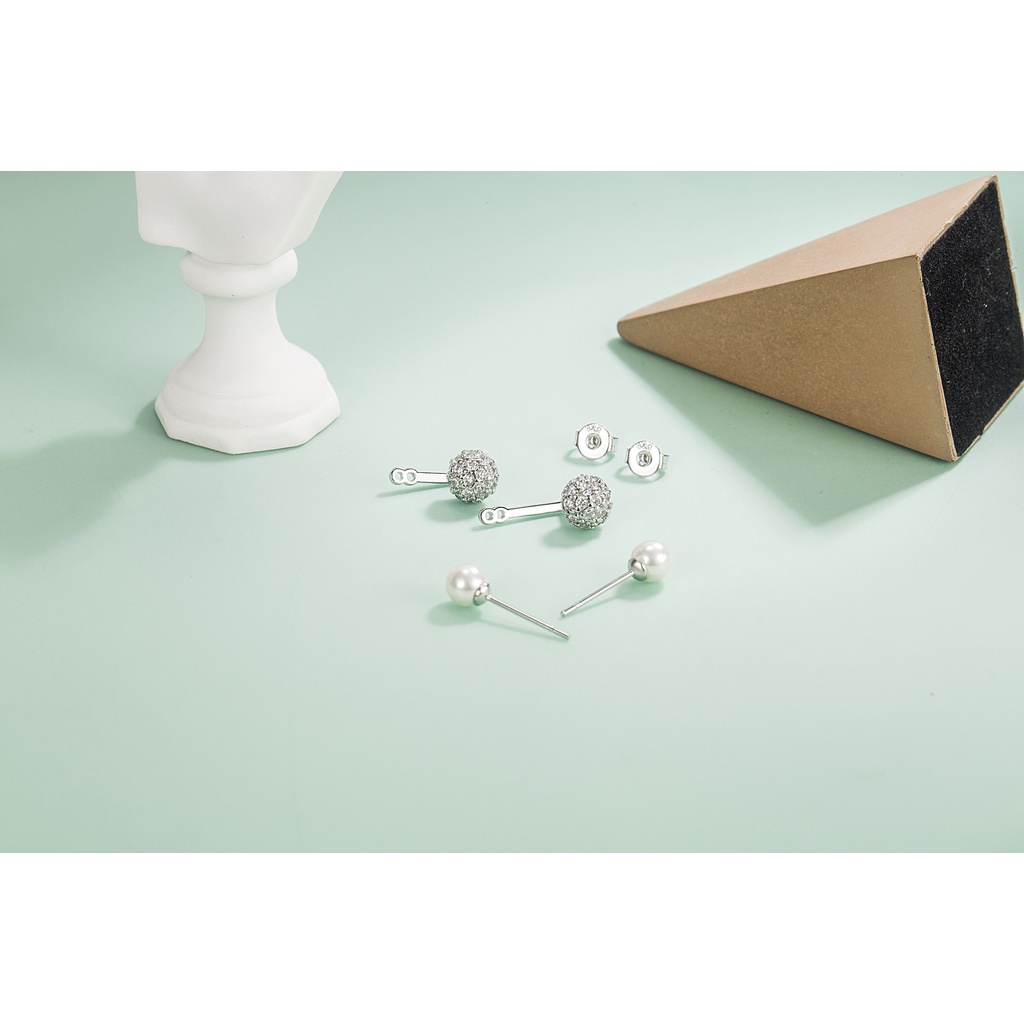 Anting Tusuk Sterling Silver 925 Desain Bulat Hias Mutiara + Berlian Imitasi Untuk Wanita