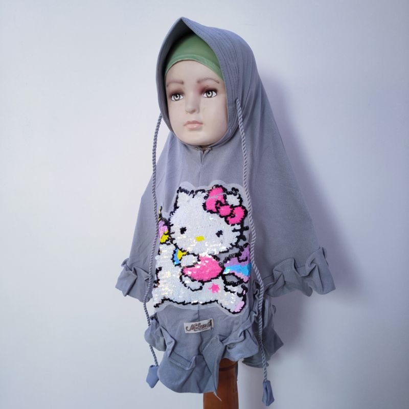 Jilbab Anak Hellokitty 4 5 6 7 8 tahun rempel fanta merah hitam ( jilbab  HK rumpa )