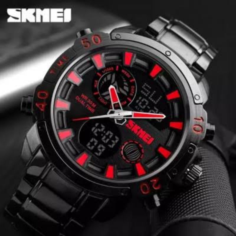 JAM TANGAN SKMEI 1306 STAINLISS STEEL JAM TANGAN PRIA DUALTIME RANTAI SPORT BISA COD