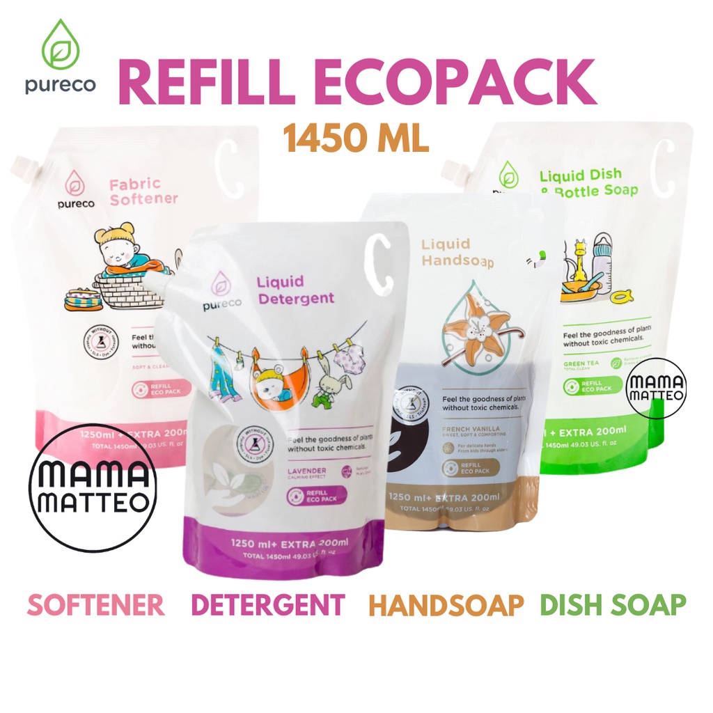 Pureco Liquid Detergent Detergen / Dish Bottle Soap / Softener 1450ml / Sabun Handsoap Vanilla Tea O Time 1450 / Refill Pouch Eco Pack / Ecopack Cair 1L /PURECO POUCH REFILL BANDUNG