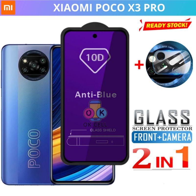 2IN1 Tempered Glass Tg Anti Gores Blue Light Layar Kamera Xiaomi Poco X3 Pro Screen Protector