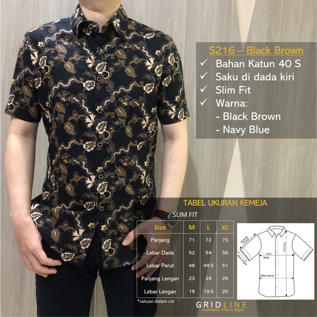 [GRIDLINE - S294 Lotus Black &amp; S216 Black Brown] Kemeja Batik Slimfit Pria Katun Lengan Pendek Modern Elegan Terbaru Match Best Seller