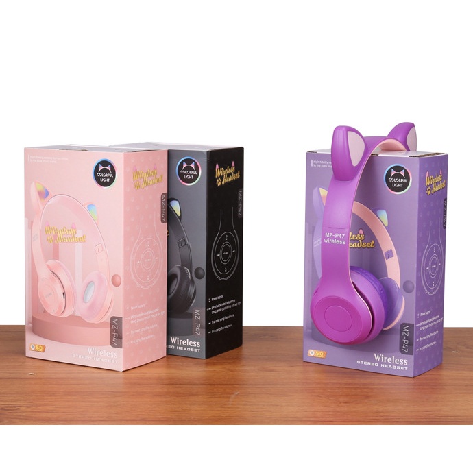 Headset Bluetooth wireless gaming MZ-P47 Cat Ear Headphone Telinga Kucing earphone LED