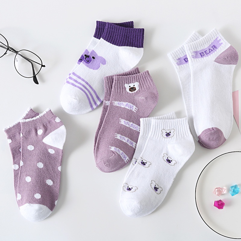 BV.ID •KK807 Kaos Kaki Wanita Motif Beruang Ungu Pendek Fashion Korean Unisex Semata Kaki Purple Bear Socks Import Ankle