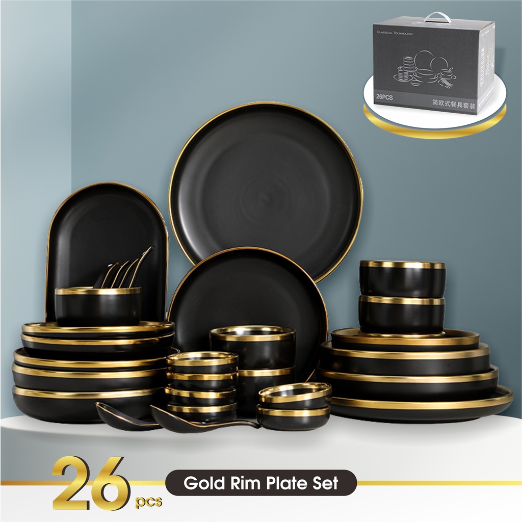 Set 9 &amp; 26 PCS Piring Mangkok Makan Hitam Keramik Pinggiran Emas Cantik Ceramic Mewah Western Steak Gold Rim Plate