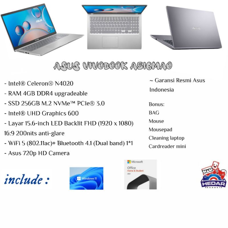 Asus Vivobook A516MAO Intel N4020 4GB 256GB W11 OHS 15 FHD Fingerprint