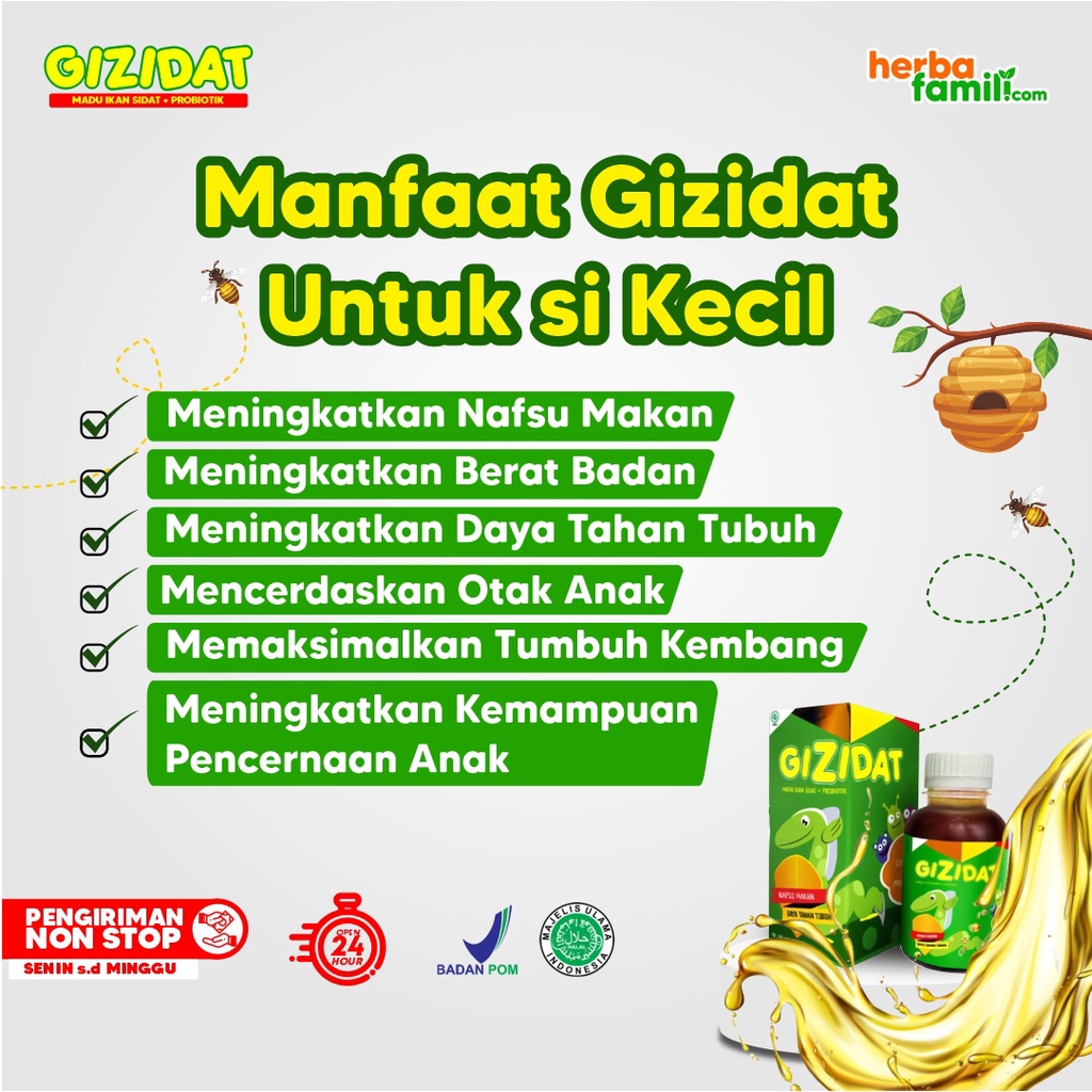 Gizidat Madu Gemuk Anak - Multivitamin Nutrisi Penambah Nafsu Makan &amp; Berat Badan Tingkatkan Daya Tubuh Lancarkan Pencernaan Ekstrak Ikan Sidat Original Isi 130ml