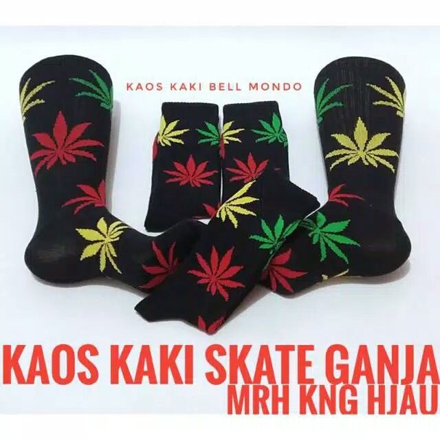Kaos Kaki Warna Hitam Motif Skate Daun Ganja Hijau Merah Kuning Tebal Old school