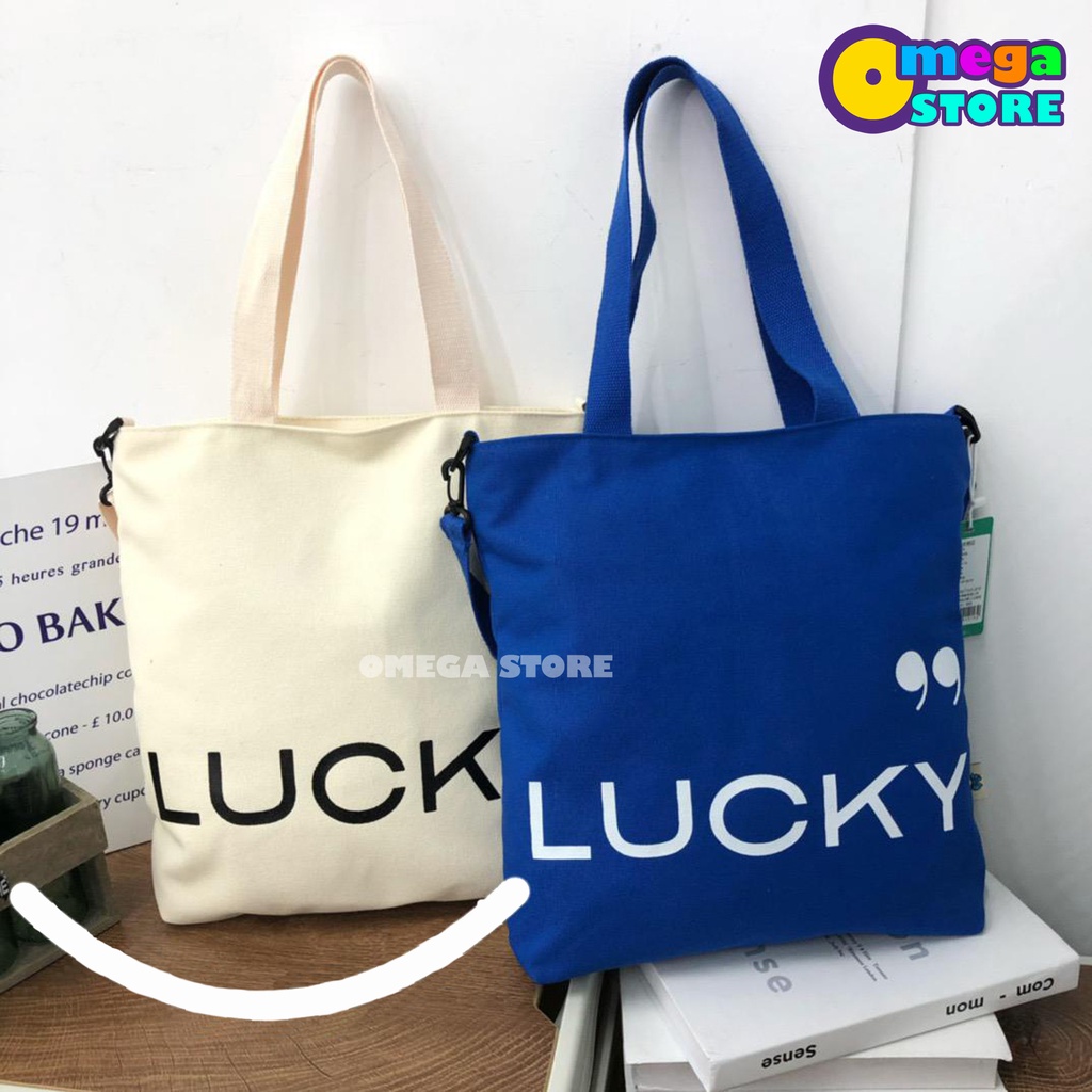 Tas Tote Bag Wanita Pria Resleting Terbaru Kekinian Motif LUCKY Fashion Korea Style Multifungsi  -263